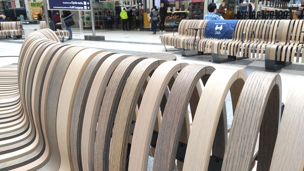 Close-up of sustainable seating at London Liverpool Street station