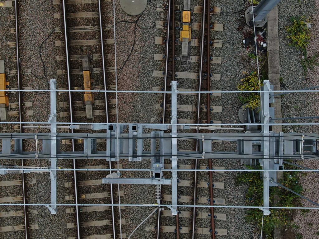 Aerial image of overhead line equipment - Great Western electrification project 