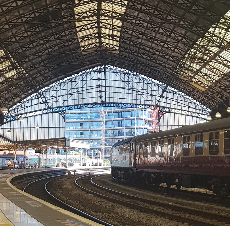 Bristol Temple Meads station roof and tracks inside the station