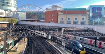 Birmingham New Street platforms, external, daytime