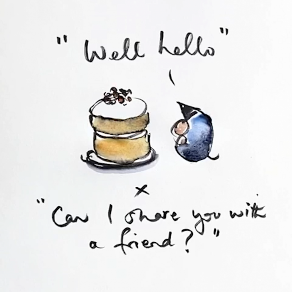Charlie Mackesy illustration of a mole with a cake - 'Can I share you with a friend?'