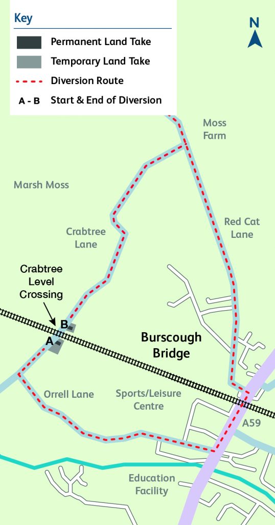 Map: With Crabtree level crossing closing to vehicles, two tarmacked turning areas north and south of the crossing are proposed to enable traffic to turn round and divert back to the crossing on the A59.