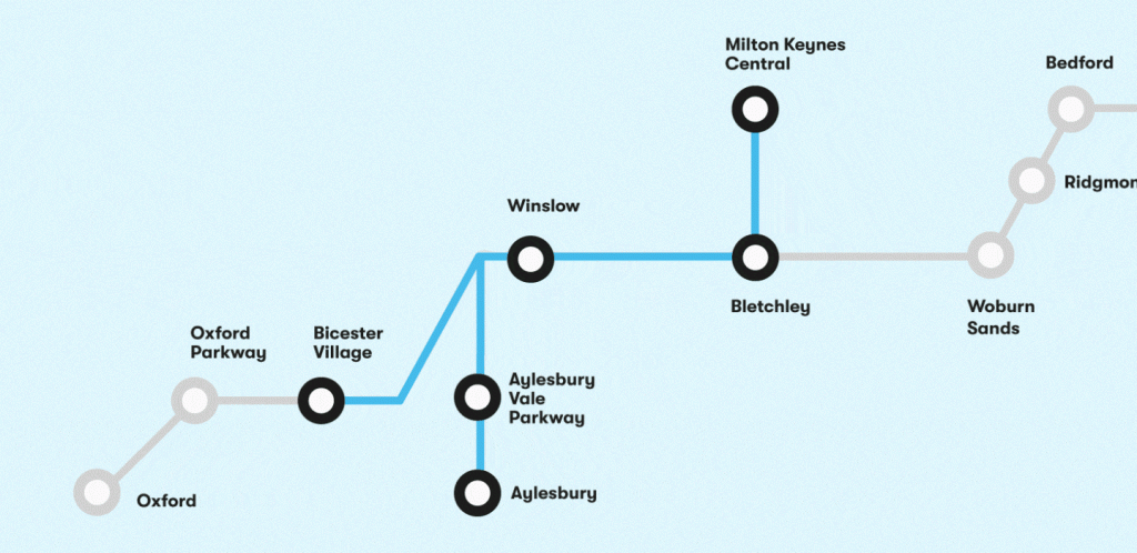 Map of stage one connection - Bicester to Bletchley / Milton Keynes