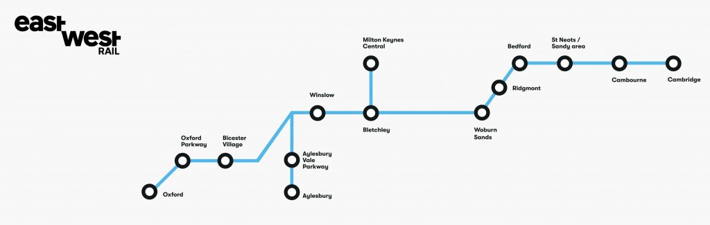 Scheme map of the rail link between Cambridge and Oxford