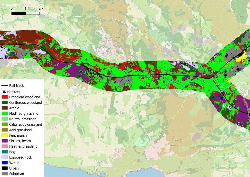 A computer-generated map of habitats around the railway