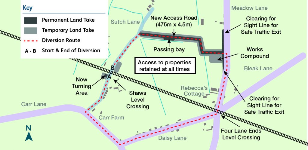 Map: With Shaws level crossing proposed closure, cars would be diverted to the Four Lane Ends level crossing nearby. A passing bay would be created on the north side to enable traffic to flow and a turning area would be on the south side for cars to turn round.