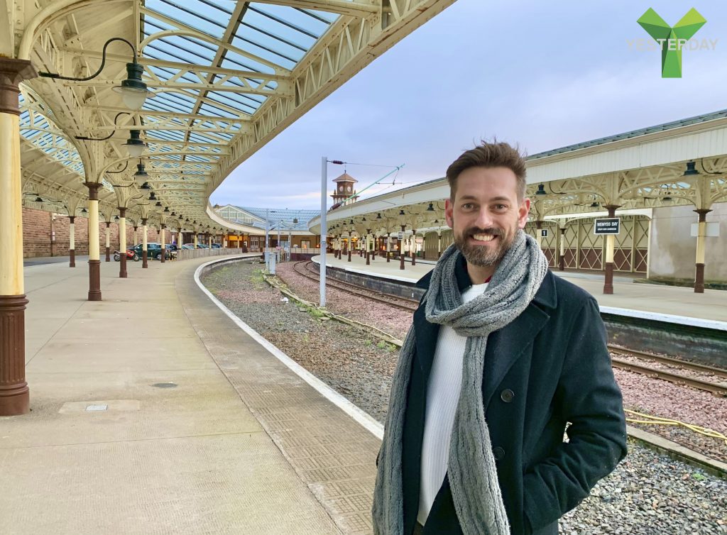 Television presenter Tim Dunn on the platform at Wemyss Bay station, daytime