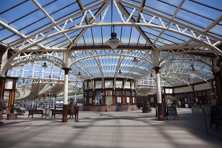 Inside Wemyss Bay station under its incredible, sweeping glass roof, daytime