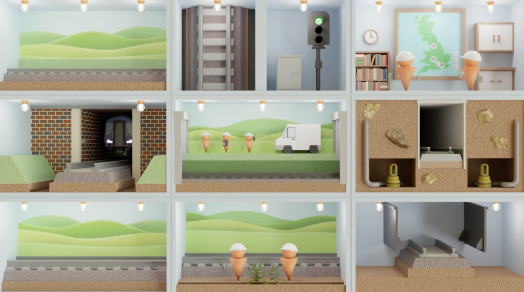Still from Delays Explained - Flooding animation depicting a dollhouse-style railway with different aspects of the story played in different compartments.
