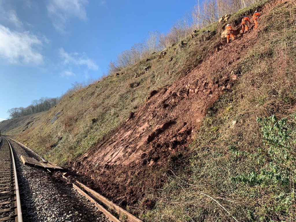 A landslip at Lydney, on the line between Chepstow and Gloucestershire, January 2020, daytime