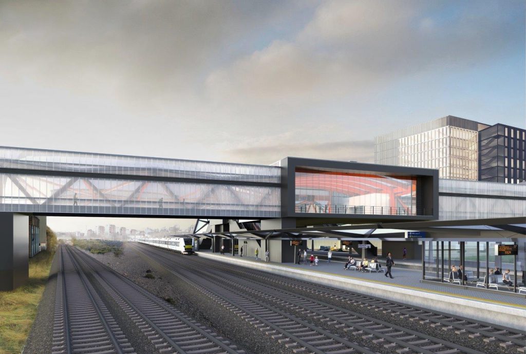 Architect's impression of the new Brent Cross West railway station with glass walkway over tracks