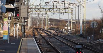 Overhead line equipment at Pitsea railway station, daytime