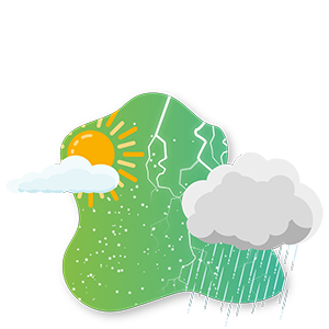 Climate change icon showing the sun, clouds, rain, lightning and snow.
