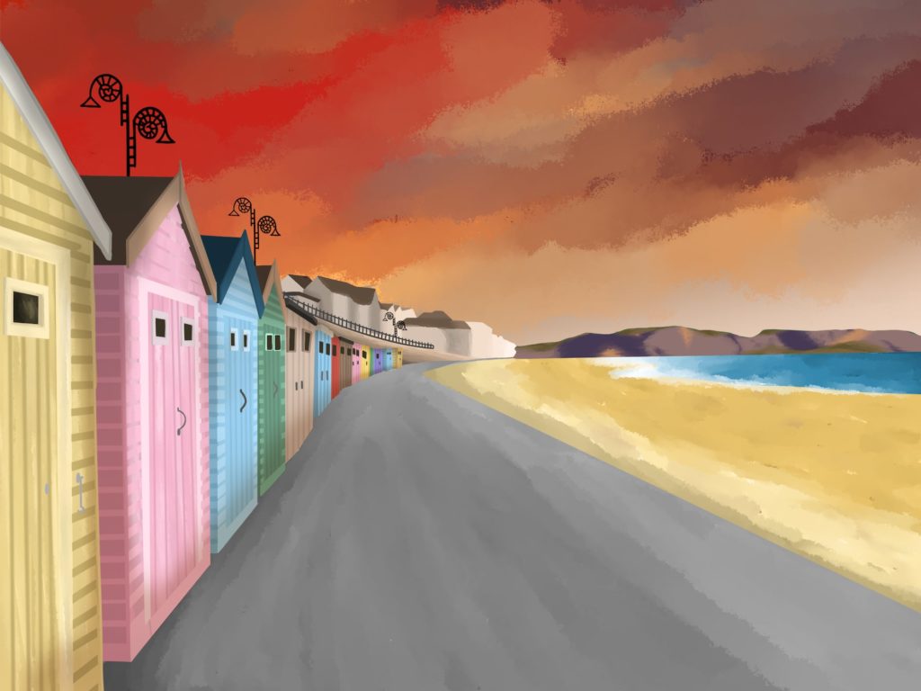 Painting of beach huts at Lyme Regis