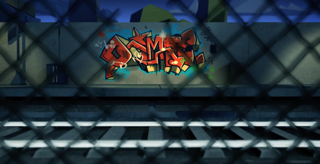 Still from trespass and vandalism animation - graffiti through a broken chain-link fence