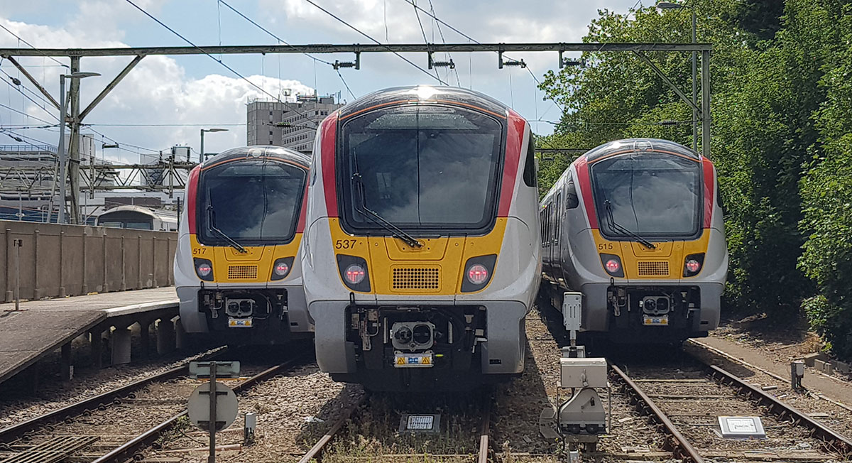 Three Great Anglia trains at a station