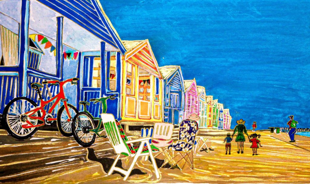 Painting of beach huts and bikes in Suffolk