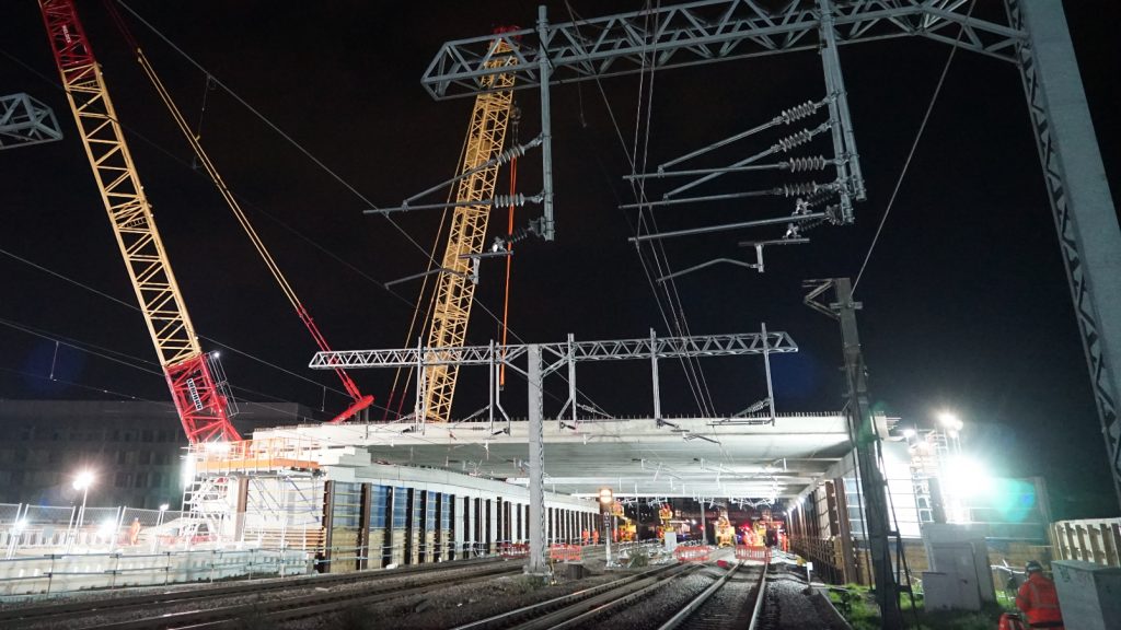 Installing the new Bletchley flyover over the West Coast Main Line, May 2021