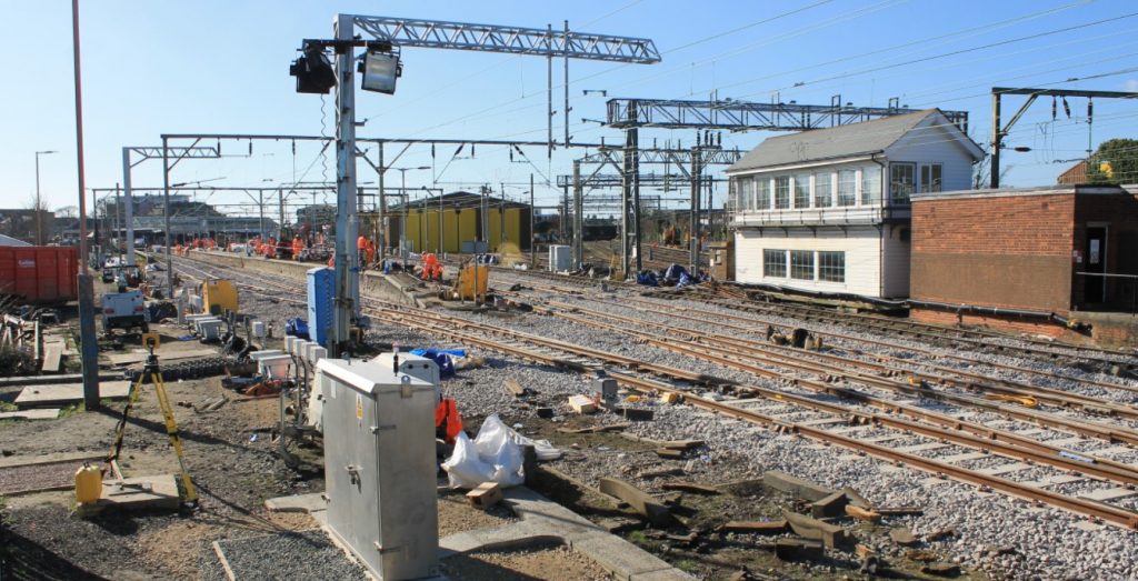 Track and the old signal box during the Clacton resignalling project in Essex