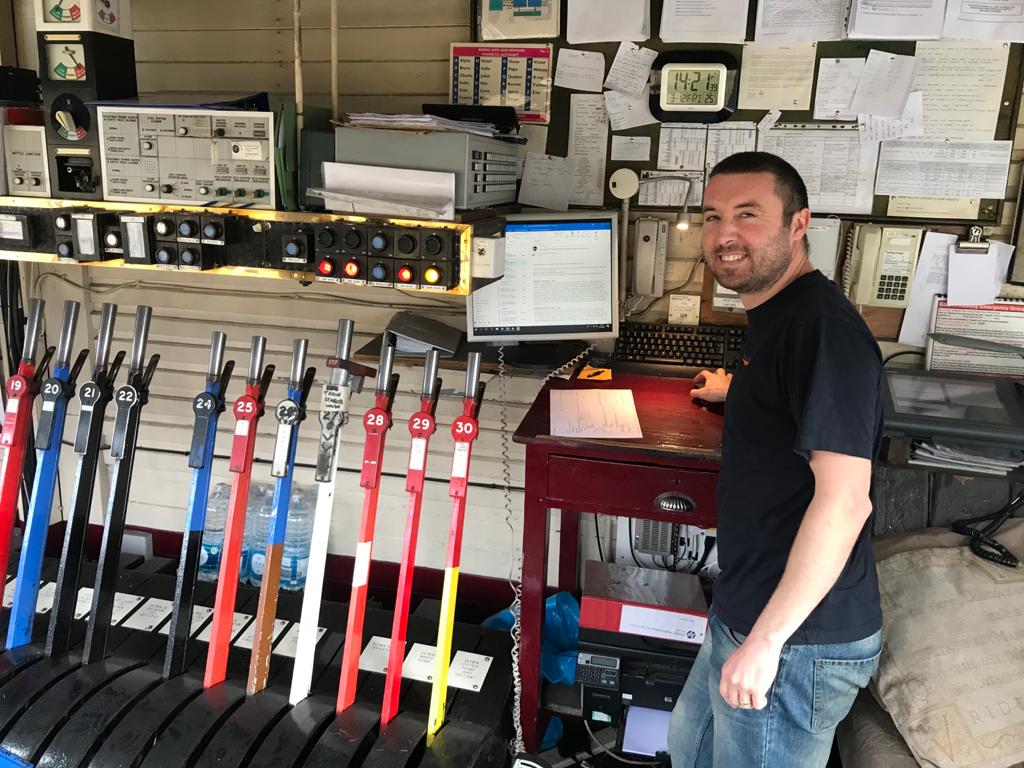 The levers inside Blea Moor signal box, with signaller