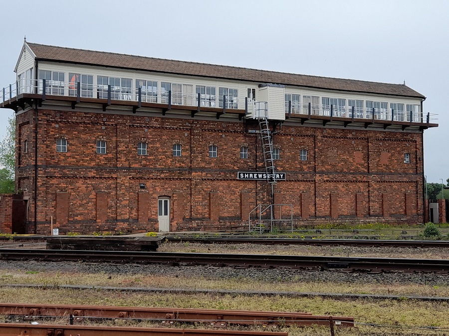 Landscape view of exterior of Severn Bridge Junction signal box, daytime