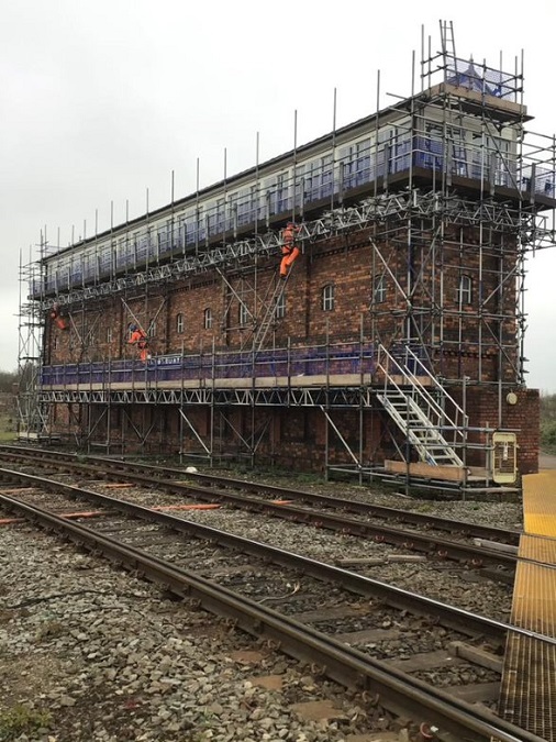 Severn Bridge Junction signal box with scaffolding, daytime