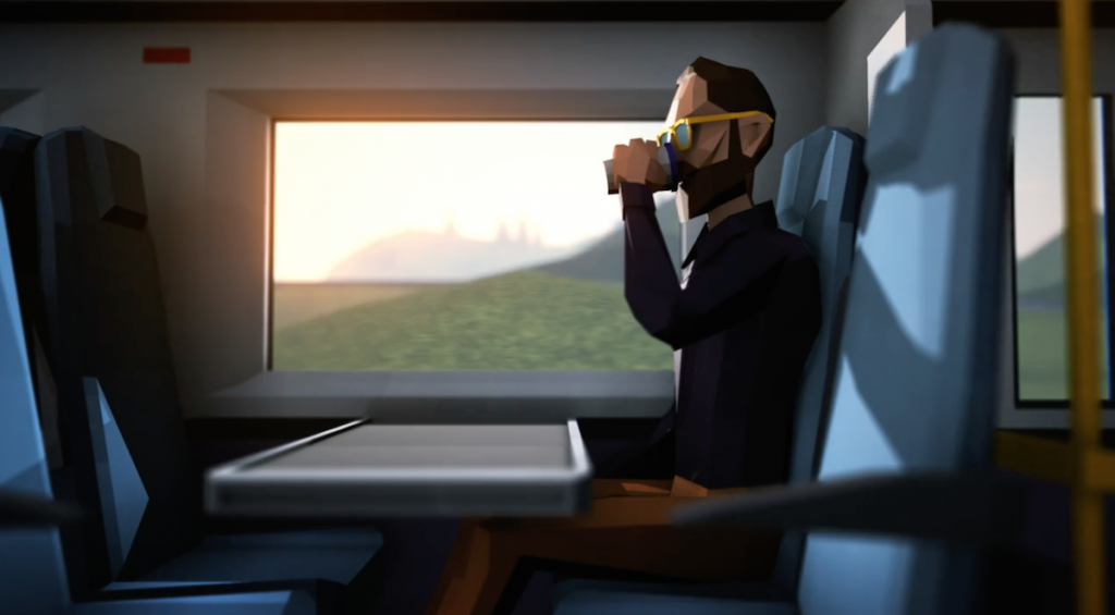 Speed restrictions animation still: passenger sitting by a train window, daytime