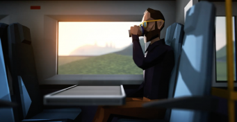 Speed restrictions animation still: passenger sitting by a train window, daytime
