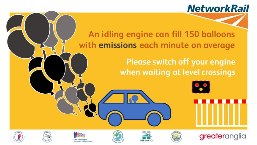 #SwitchItOff poster saying "An idling engine can fill 150 balloons with emissions each minute on average. Please switch off your engine when waiting at level crossings"