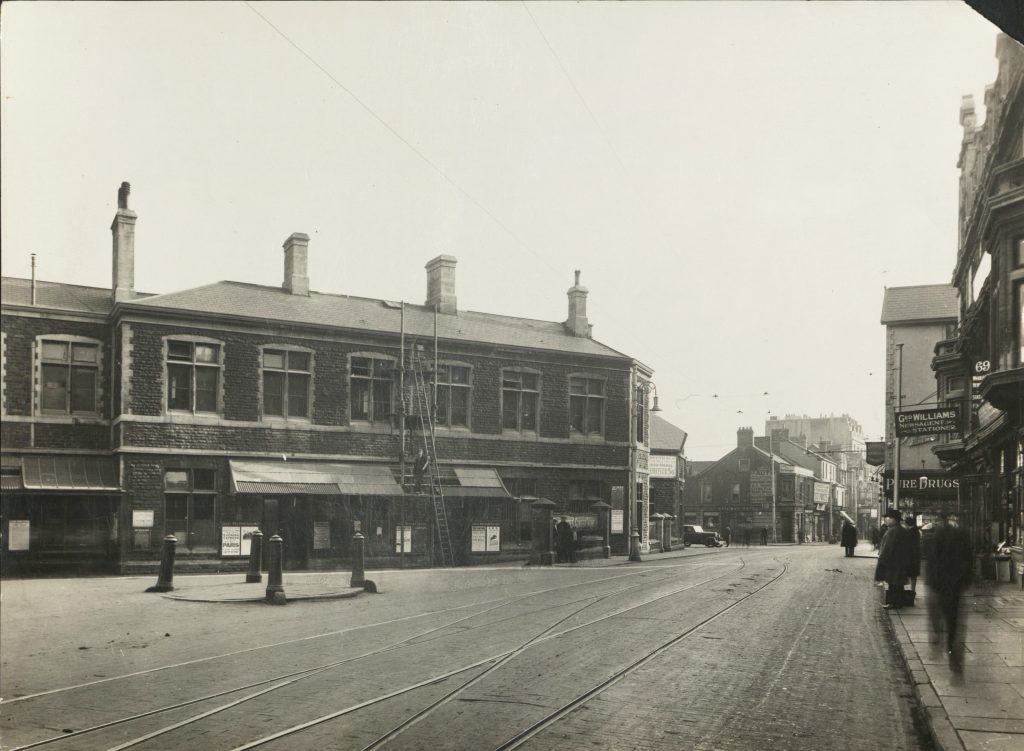 Black and white photograph of the old Swansea railway station, from West Glamorgan Archive Service