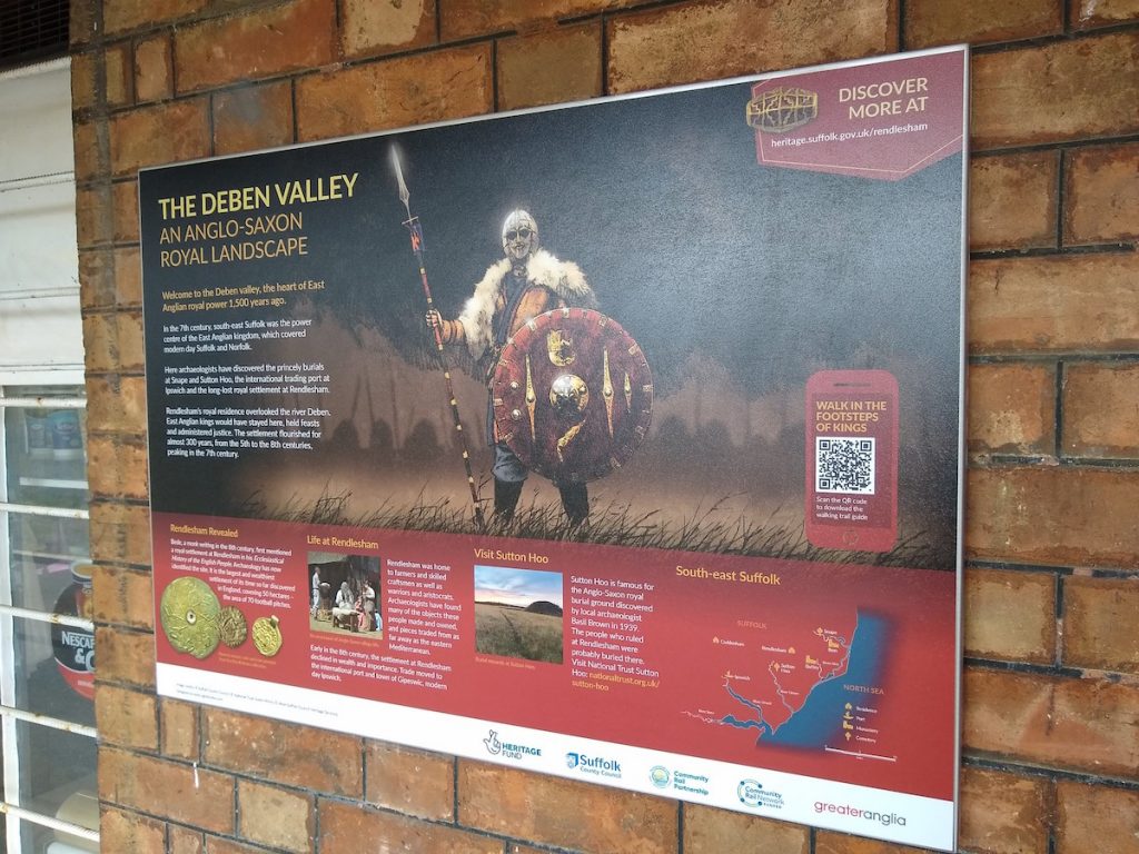 An information board with the image of an Anglo-Saxon about the history of the South-east Suffolk area