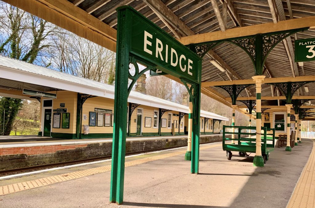 Newly installed heritage-style station sign at Eridge station, daytime