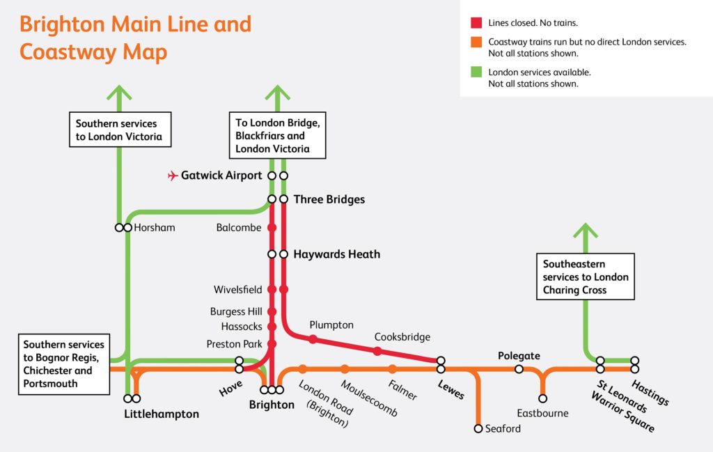 Brighton Main Line and Coastway map, showing alternative travel routes whilst lines are closed. 