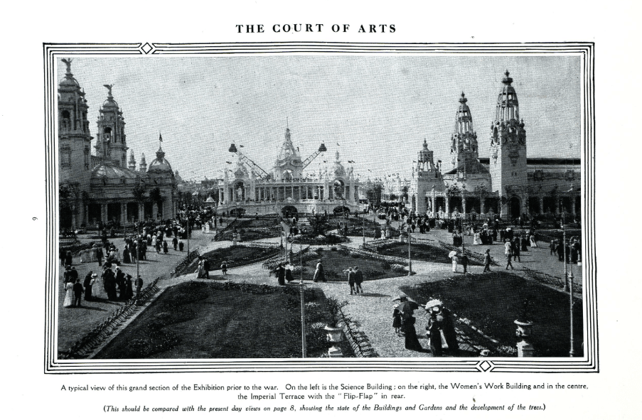 Black and white photograph of the Court of Arts building at White City