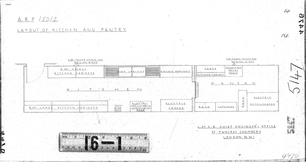 Original plan for converting Down Street tube station to WWII government offices and shelter - kitchen and pantry