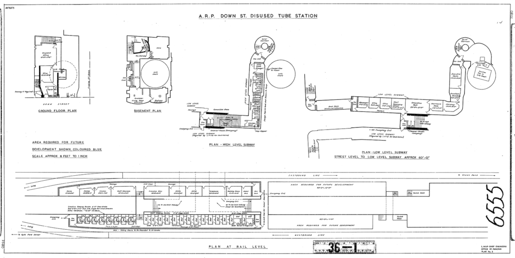 Original plan for converting Down Street tube station to WWII government offices and shelter