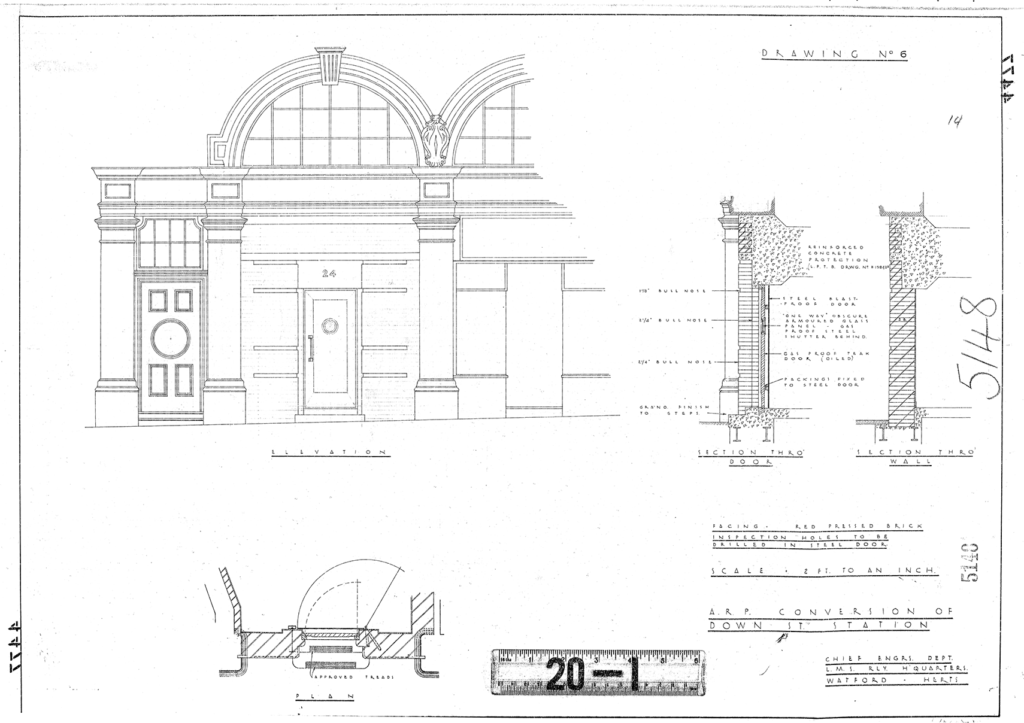 Original plan for converting Down Street tube station to WWII government offices and shelter