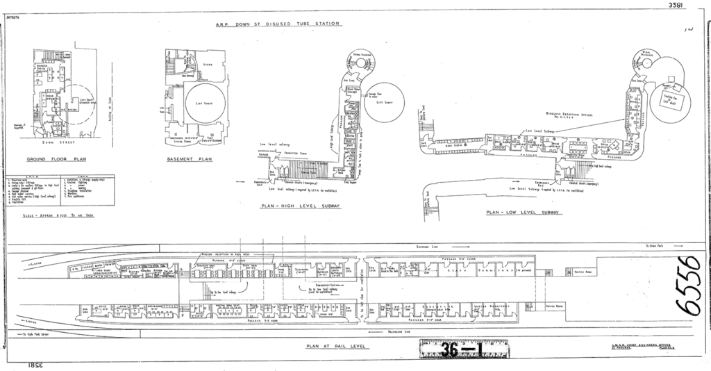 Original plan for converting Down Street tube station to WWII government offices and shelter