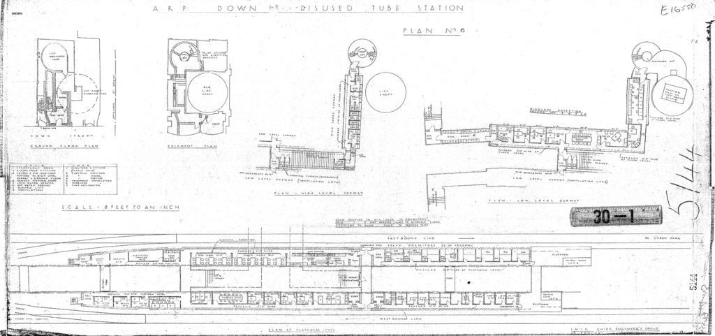 Original plan for converting Down Street tube station to WWII government offices and shelter
