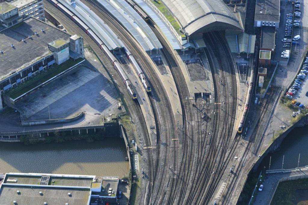 Aerial view of Bristol Temple Meads station, including tracks, daytime