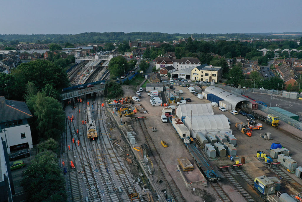Aerial view of engineers rebuilding the railway junction at Horsham
