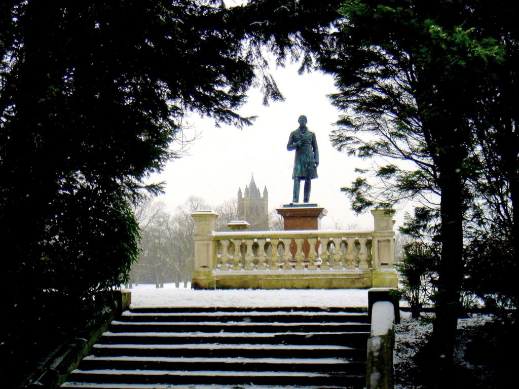 Statue of Joseph Locke in the snow, daytime