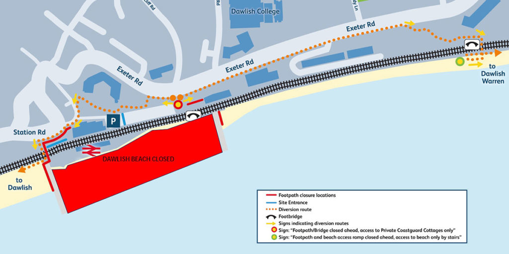Map showing the diversion route around the Dawlish beach closure.