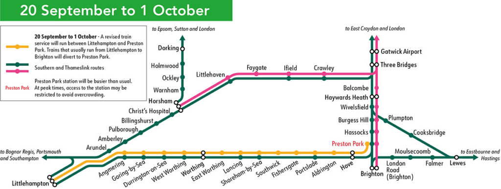 Map of revised train services between Littlehampton and Preston Park. Brighton trains