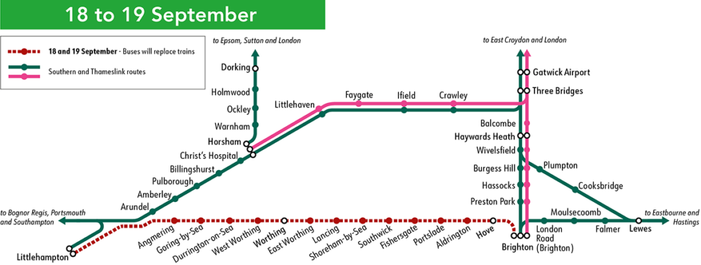 Map showing that buses will replace trains between Littlehampton and Brighton on the 18 and 19 September
