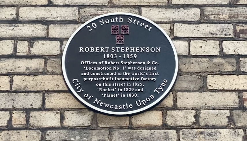 Blue plaque marking the site of Robert Stephenson's Forth Street railway works