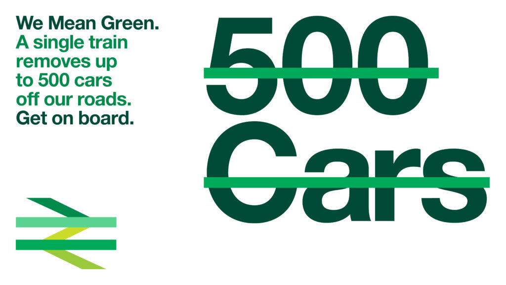 National Rail logo in green with the text 500 cars crossed out