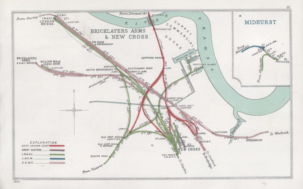 Railway Clearing House map of the Bermondsey area, showing Southwark Park's location and the tangle of railways 