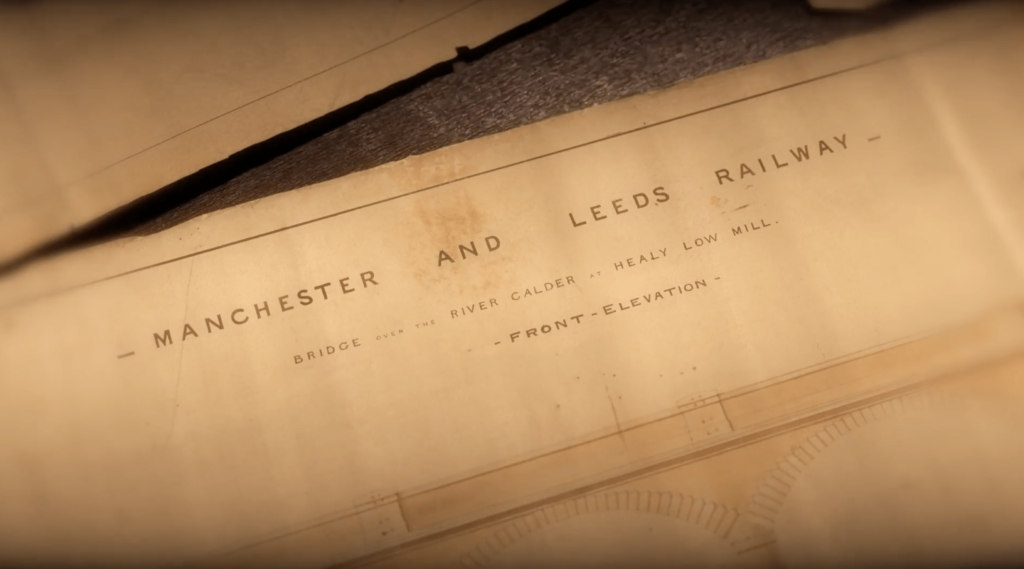 Close-up of 3D-animated original drawings of the Manchester and Leeds Railway
