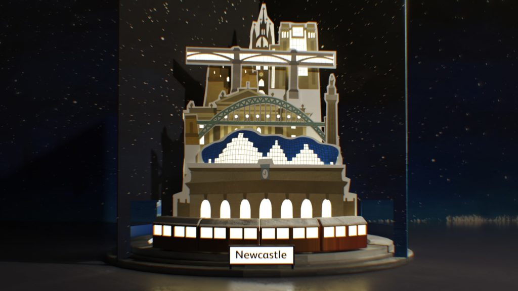 Pop-up book-style image of the Newcastle skyline at night